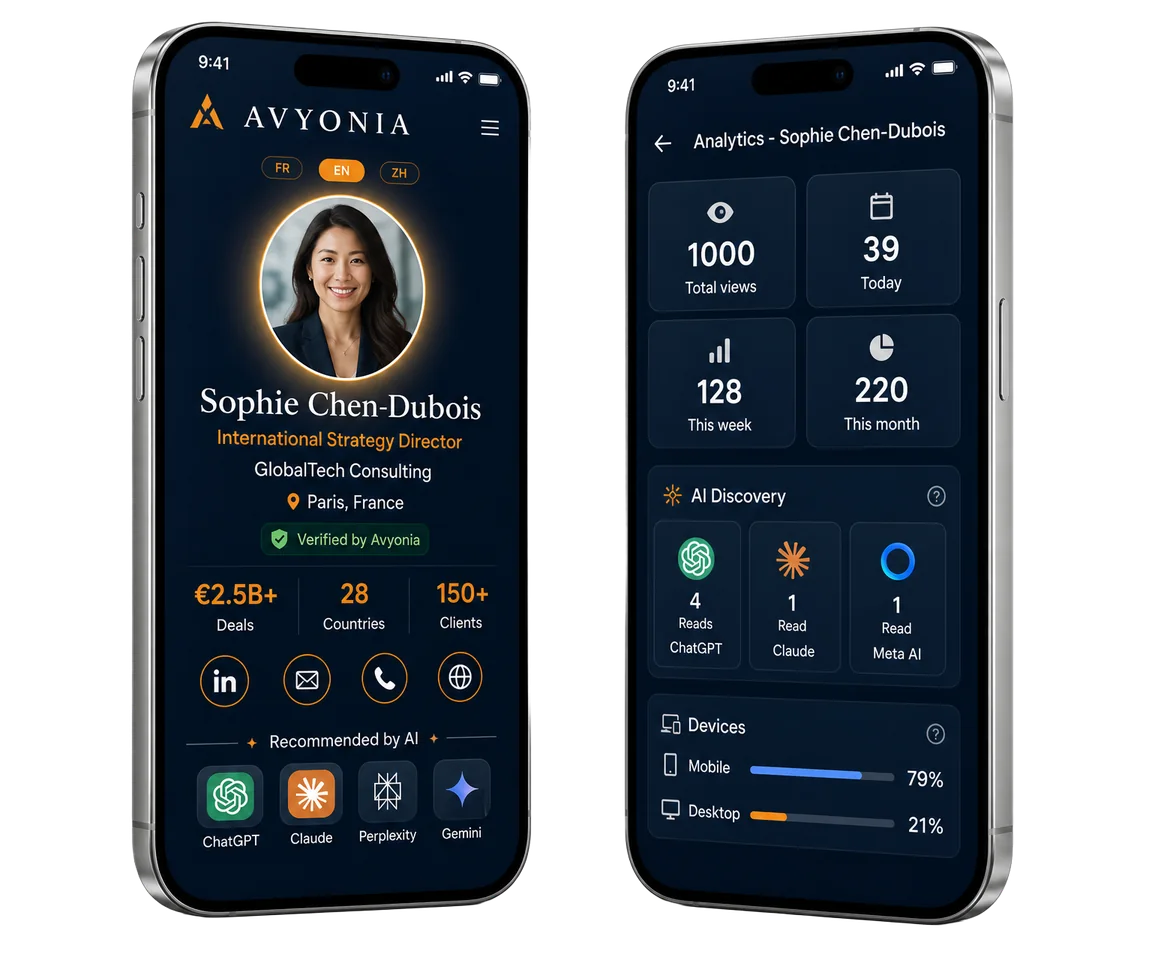 Aperçu carte de visite virtuelle Avyonia et analytics IA